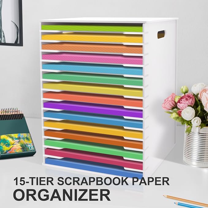 SONGWAY 12x12 Paper Storage Organizer - 15 Tier Desk File Organizer with Adjustable Shelves, Letter Mail Tray, 12x12 Stackable Scrapbook Paper Storage Cube for Home Office Classroom
