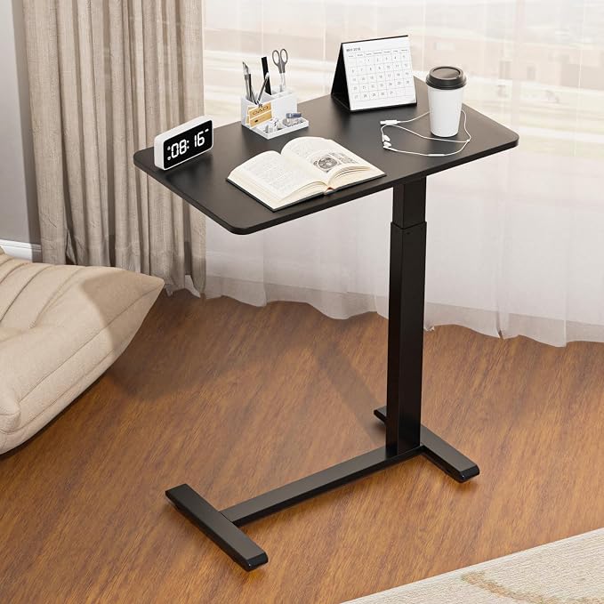 Ywin Medical Overbed Table in Black, Pneumatic Lift Adjustable Bedside Table with Wheels for Hospital and Home, Rolling Tray Desk for Couch, Bed, Recliner (Black)