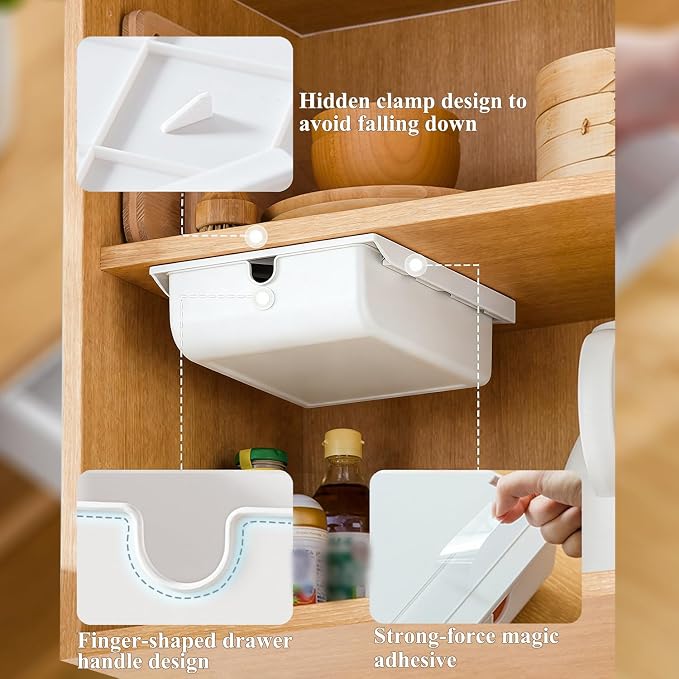 FRETONBA 2 Pack Under Desk Drawer Self-Adhesive Hidden Desktop Organizer, Attachable Desk Drawer Slide Out, Table Storage Tray for Stationery Home Office Organization Medium White