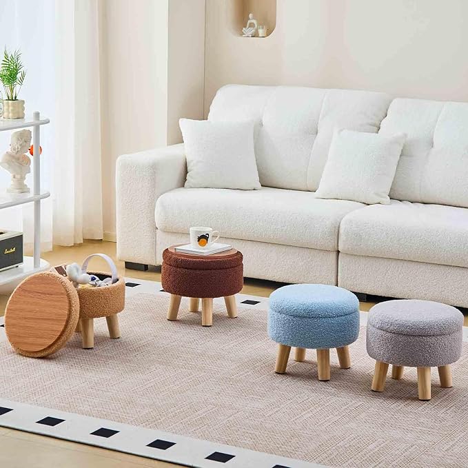 Wimarsbon Storage Ottoman, Modern Round Footrest with Soft Padded Seat, Teddy Velvet Footstool with Wood Legs, Accent Small Table or Plant Stand for Hallway, Living Room (Grey)