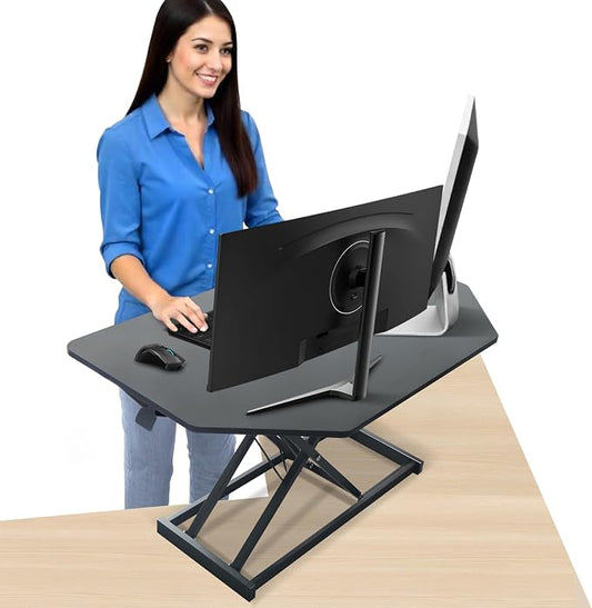 Aconcept 34 inch Black Corner Height Adjustable Standing Desk Converter, One-Click Sit to Stand up Desk Riser, Pre-Assembled Dual Monitor and Laptop Workstation