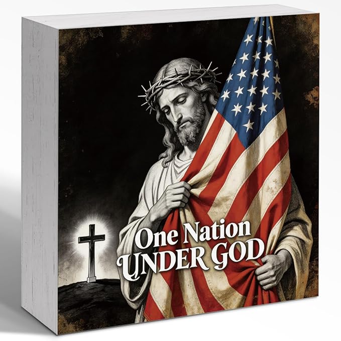 Patriotic Wooden Box Sign,One Nation Under God Jesus 4th Of July Signs Home Decor,Independence Memorial Day Block Sign for Desk Shelf Tabletop Decor
