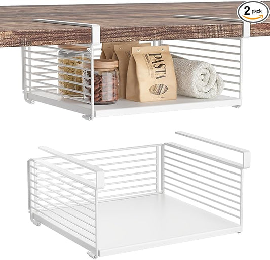 Under Shelf Storage Basket, Hanging Wire Basket with 1.13 Inches Thick Clips for Kitchen, Pantry or Laundry Room, Under Cabinet or Desk Storage Organizer, White, 13.75" L-Solid Bottom, 2 Pack