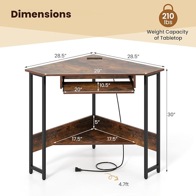 GOFLAME Corner Desk, Triangle Computer Desk with Keyboard Tray & Storage Shelf, Home Office Desk with Built-in Power Outlet, Industrial Writing Desk, Heavy-duty Space-saving PC Laptop Desk Workstation