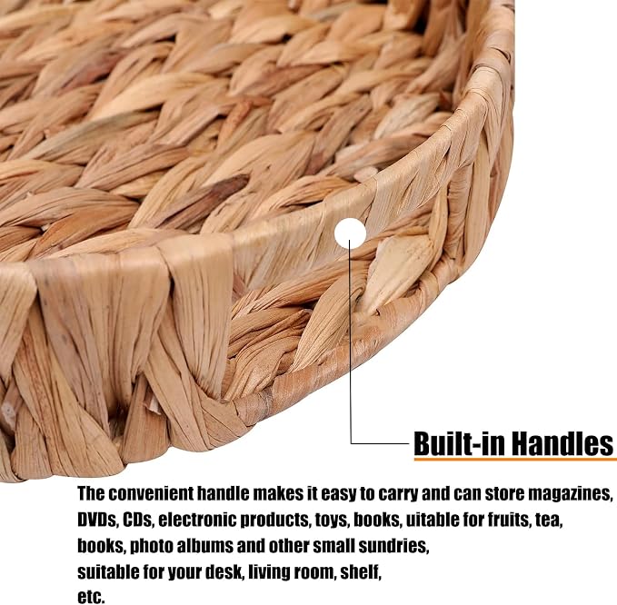 Round Woven Coffee Table Ottoman Tray with Handles - 11.8" x 1.9" Water Hyacinth Wicker Serving Tray, Decorative Storage Basket for Home & Kitchen.