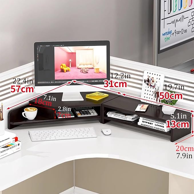 Ergonomic Corner Monitor Stand Riser, Desktop Corner Shelf with Cup Holders and 2 Tiers Storage, Space Saving Desk Organizer Stand for Study Room (Wood color)