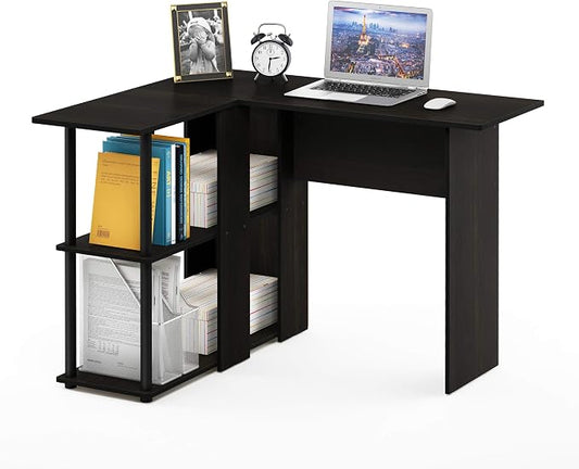 Furinno Abbott L-Shape Computer Desk with Bookshelf, Espresso/Black