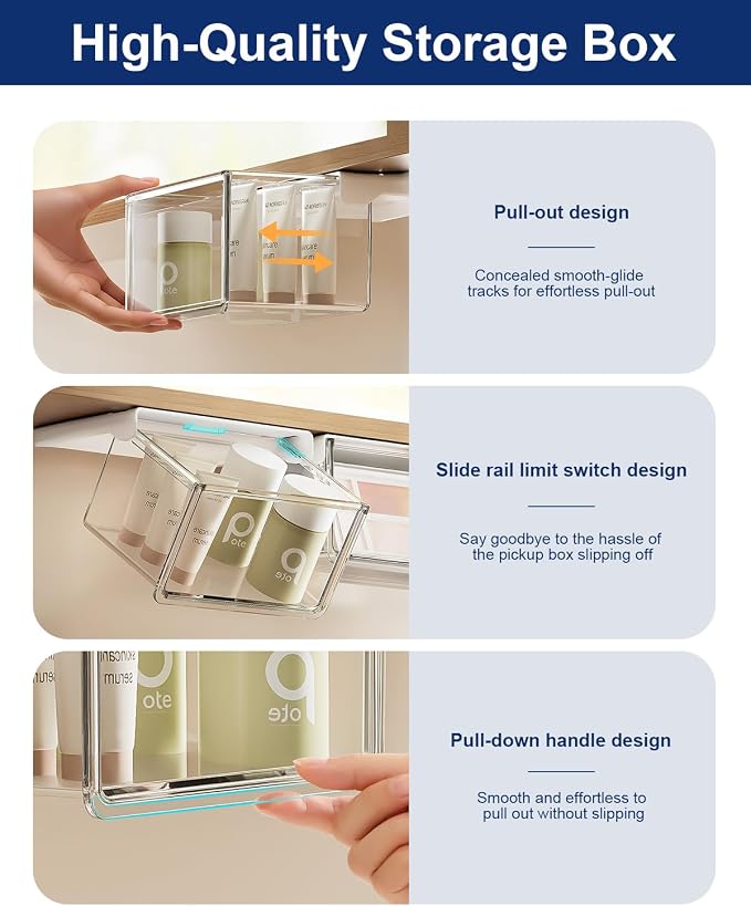 Hanging Cabinet Organizer – 33° Tilted Under Desk Drawer & Bathroom Storage – Self-Adhesive Clear Pull-Out Bins for Kitchen, Office & Vanity (Large)