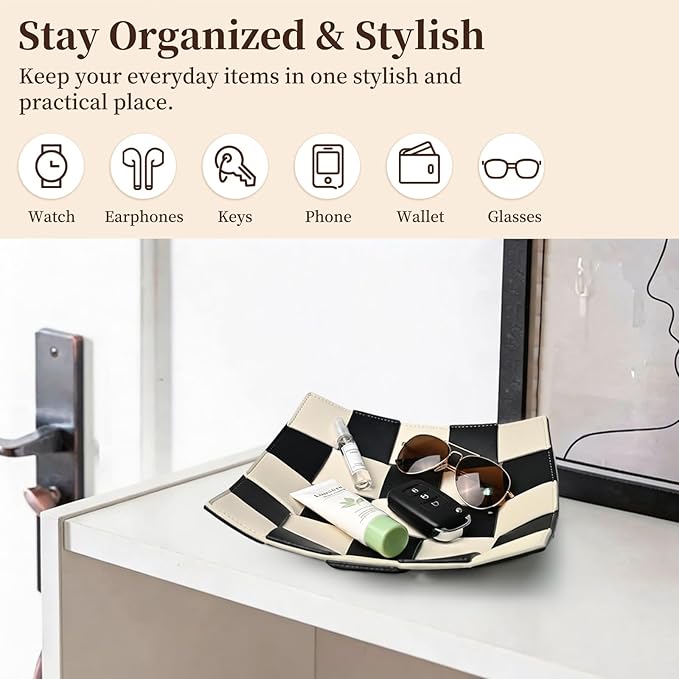 MSJGA Black and White Checkered Valet Tray PU Leather Key Holder Bowl for Women and Men Entryway Table Nightstand Desk Tray for Wallet, Keys Men's Gift - 9.8" L x 9.8" W x 2" H