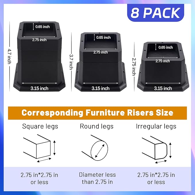 BTSD-home Furniture Risers 3 Inch Bed Risers Heavy Duty Adjustable Dorm Bed Lifts Risers Table Desks Legs Blocks 8 Pack Black