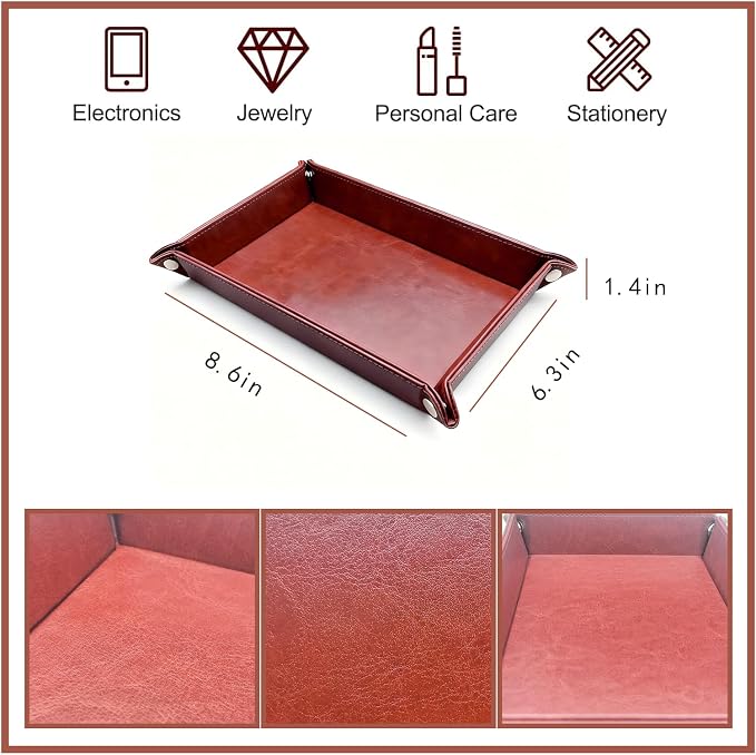 Leather Valet Tray Organizer, Catchall Tray, Desktop Storage for Keys, Coins, Wallet, Phone, Jewelry | Multi-Use Entryway Table, Desk & Nightstand Storage for Men & Women (Maroon)
