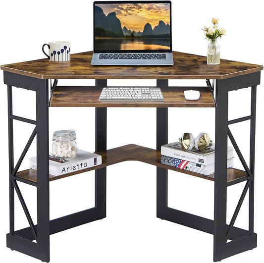 VECELO Corner Computer Desk 41 x 30 inches with Smooth Keyboard & Storage Shelves for Home Office Workstation, Antique Brown