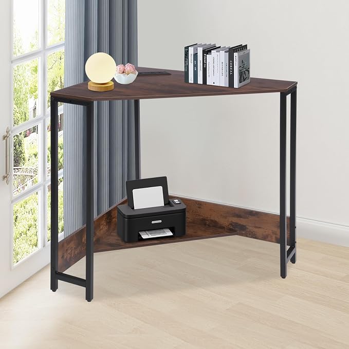Corner Desk with Outlets and USB Ports, 26.77x26.77x29.53in Triangle Desk with Storage for Home Office, Workstation, Living Room, Bedroom, Small Space (Brown)
