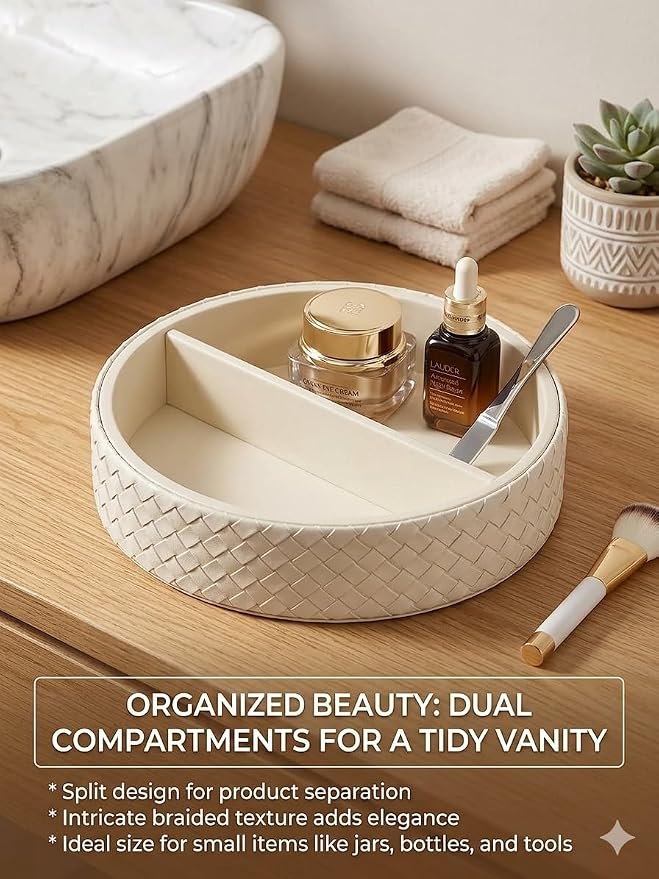 Round Faux Leather Vanity Tray Organizer for Dresser Perfume | Elegant woven leather tray for perfume, sunglasses & keys. A stylish 2-compartment organizer for your console table.
