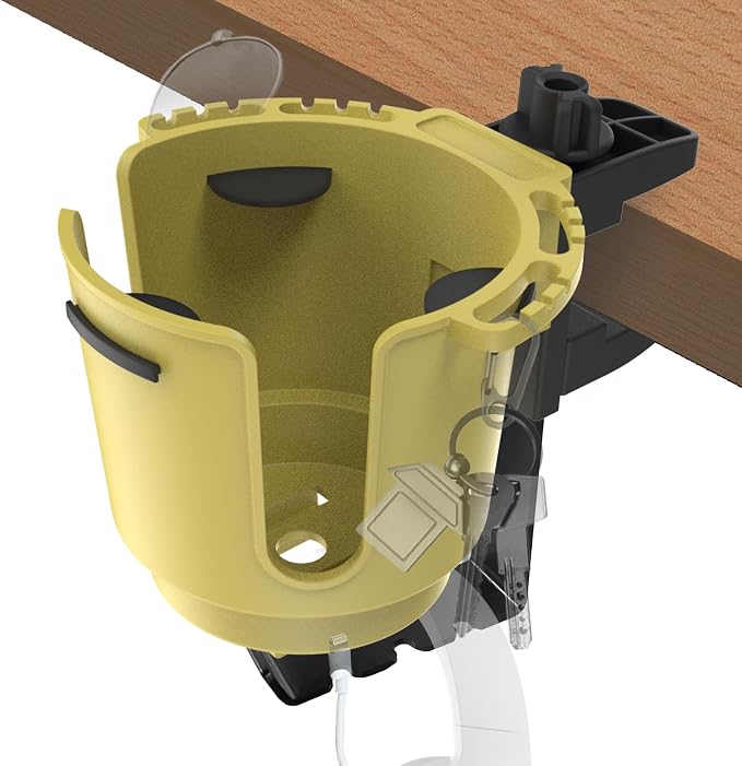Desk Cup Holder with Headphone Hanger, Clip on Cup Holders for Desks with Spill-Proof Cup Design, Easy to Install, Enough to Hold 8-28OZ Coffee Cups, Water Bottles. (Yellow, Large)