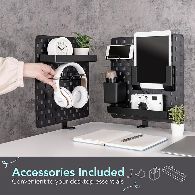 EHO Clamp-On Desk Pegboard, 2Pack (Combined Size 27 x 14 inch) Privacy Divider, Desk Partition Panel, No-Drill Desk Mounted Peg Board Organizer for Office, Gaming, Home, Black