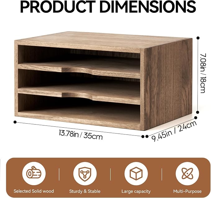 KIRIGEN Wooden Desktop Organizer, 3 Tier Solid Wood Letter Tray and Paper File Sorter for Desk, Freestanding Office Document Holder for Mail, Magazines, Folders, 13.78 x 9.45 x 7.08 in Brown 3KWJG-DBR