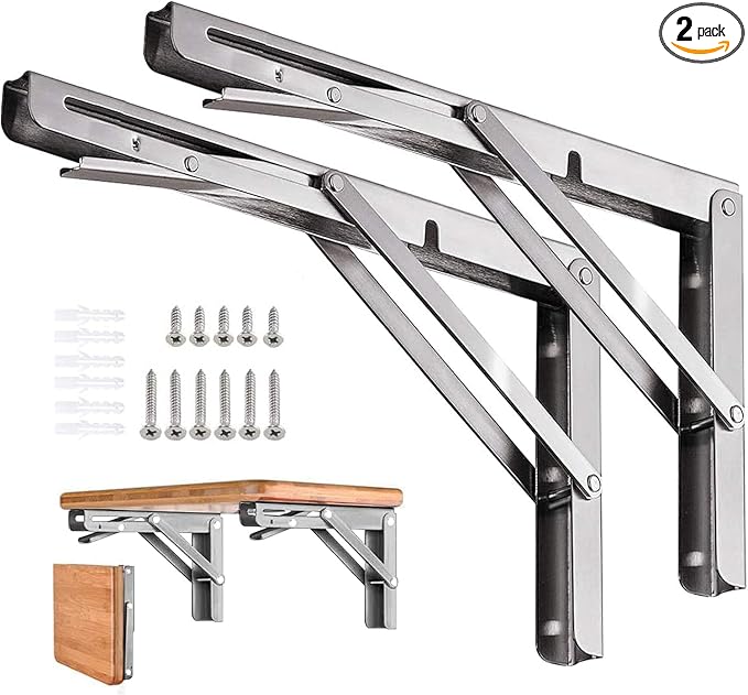 Folding Shelf Brackets 20 inch 2 Pcs - Heavy Duty Stainless Steel DIY Wall Mounted Collapsible Shelf Bracket, Space Saving for Garage Workstation, Stuff Supports, Table, Workbench