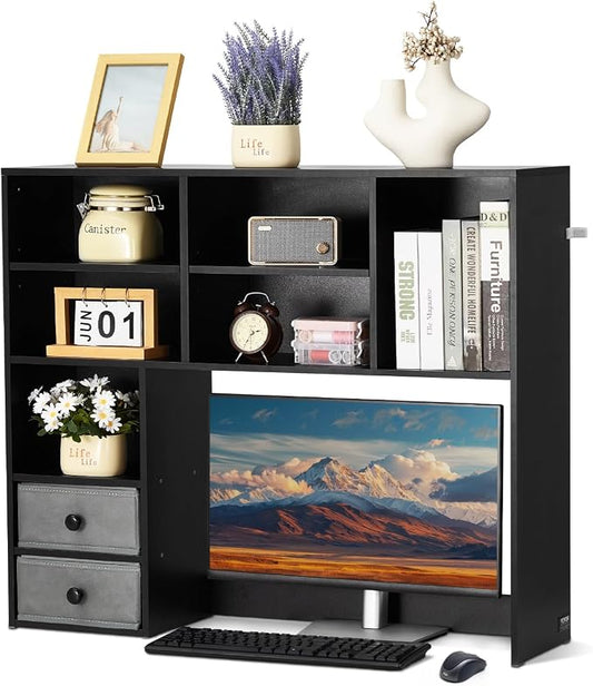 VEVOR 3-Tier Desktop Storage Organizer, 37" x 10" x 31.1" Office Storage Rack Wood Display Shelf, Desktop Bookshelf Hutch with 2 Fabric Drawers, for Office, Home & Dorm, Black