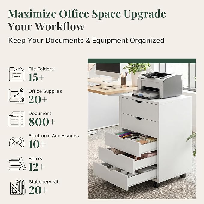Mobile File Cabinet Under Desk, 5 Drawer Storage Organization with Wheels, Vertical Filing Chest Rolling Wood Small Desk Printer Stand for Home Office, 15.75" D x 18.74" W x 25.39" H