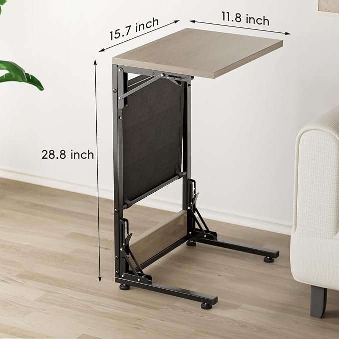 Folding TV Tray Table, 28.8" Tall C-Shaped Side Table for Couch and Bed, Slide Under Sofa Side Desk with Storage Bag - Sturdy Metal Frame Tray for Living Room, Bedroom, Home & Office (Oak Gray)