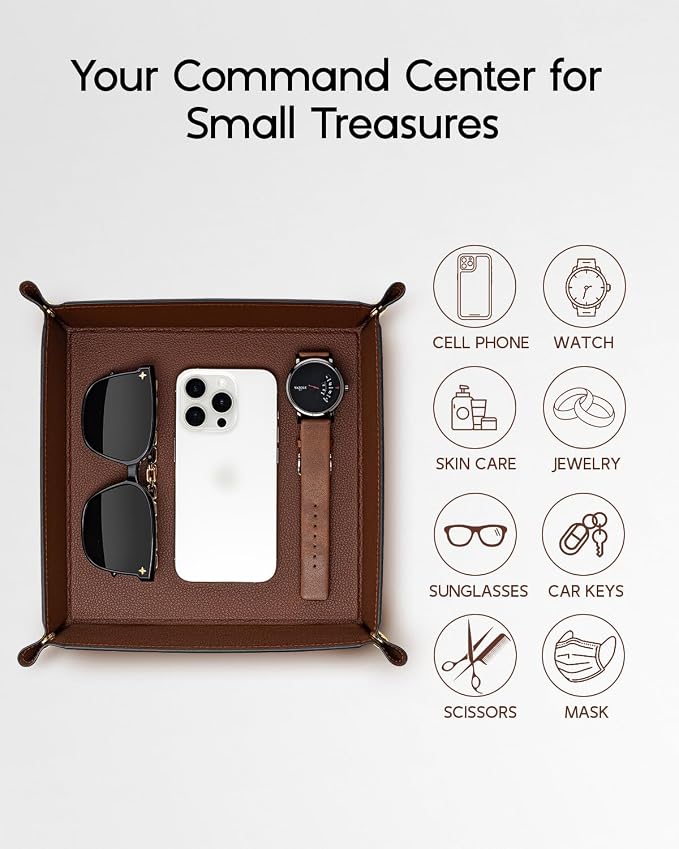 VLANDO Valet Tray Organizer, PU Leather Catchall Tray for Home | Large PU leather tray for keys, wallet, watch, coins and jewelry on nightstands, dressers or entryway tables