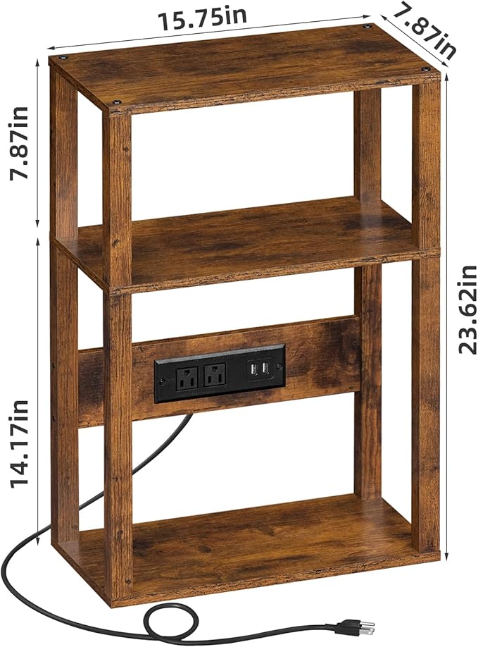 YUFAM 3-Tier Small Narrow Wood Side Table with Charging Station, Skinny Nightstand for Small Space, Slim Bedside Table with Storage for Couch, Thin End Table with USB Ports and Outlets, Rustic Brown