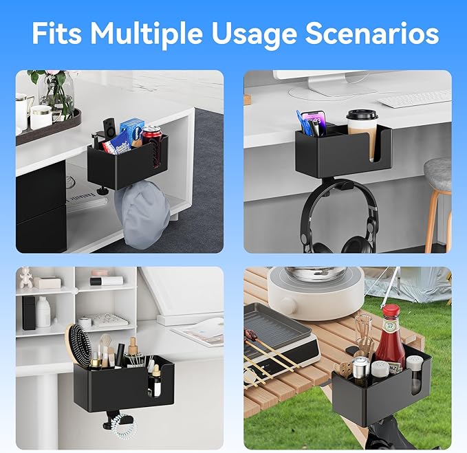 Desk Cup Holder Clamp with Headphone Hanger and Storage Tray | Clamp on design, rotating headphone hanger, detachable storage tray, cable holes, fits 5-50mm desks