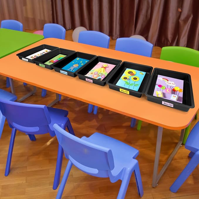 ShineMe 6 Pack Paper Trays for Classroom, Black Plastic Book Bins with Colorful Labels, Stackable Letter Size Storage Tray, Desk Organizer Tray for Home, School and Office