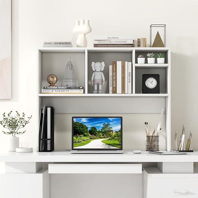 Giantex Desktop Bookshelf, Countertop Storage Hutch with 4 Shelves for Computer Desk, Dressing Tabletop Display Rack, Multipurpose Desk Hutch Storage Organizer for Home Office Dorm, White