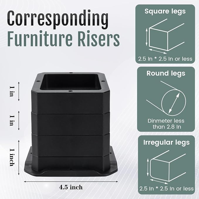 BTSD-home Adjustable Bed Risers 1 Inch Heavy Duty 8 Pack Furniture Risers Dorm Bed Risers Table Desks Legs Extenders Blocks Black