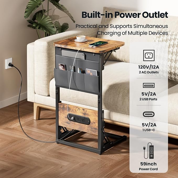 HLDIRECT C Shaped End Table with Charging Station, Couch Side Table with Storage Bag, Foldable TV Tray with 2 USB Ports and Outlets for Living Room, Bedroom, Rustic Brown