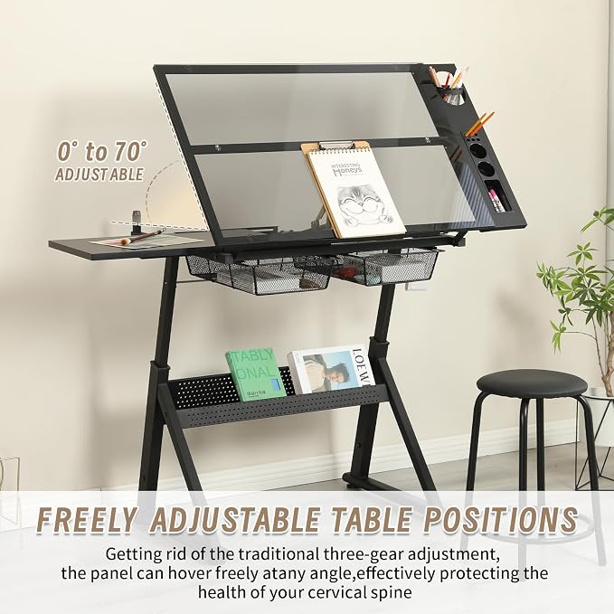 Hand Crank Adjustable Drafting Table with Tempered Glass Top, Height Adjustable Art Drawing Desk with Metal Drawers, Slide-Up Pencil Ledge & Stool, Drafting Desk for Home Studio Office