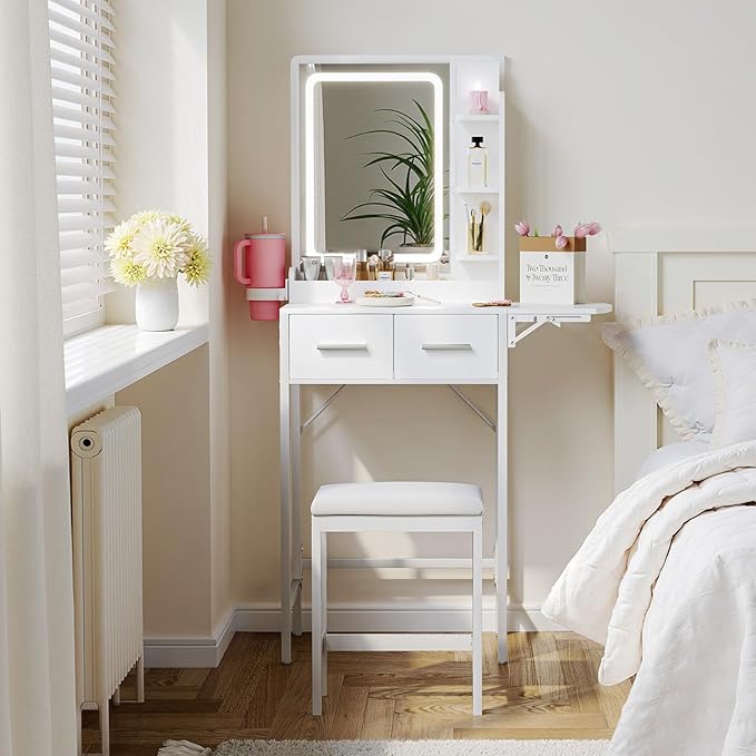 Small Vanity Desk for Compact Space: Mini Makeup Table Set for Bedroom - Tiny White Vanity with Mirror for Girls