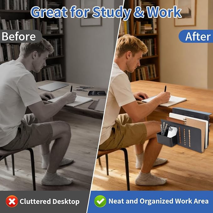 LUKETURE Laptop Holder, Steel Desk Side Storage, No Drill Standing Desk Accessories, Clamp on Laptop Mount with Pen Holder, Fits Flat Edge Tables 0.3" to 2.8" (Black, L(2 Tier))