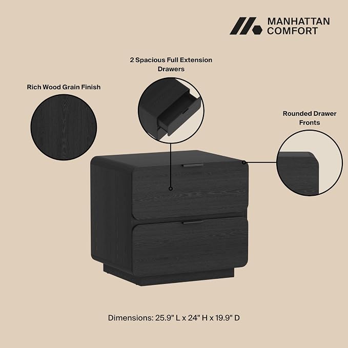 Manhattan Comfort Chrystie Fluted Nightstand 26" Bedside Table with 2 Full Extension Drawers, Rounded Corners, Wood Grain Finish, and Metal Handle Side End Table for Bedroom or Living Room in Black