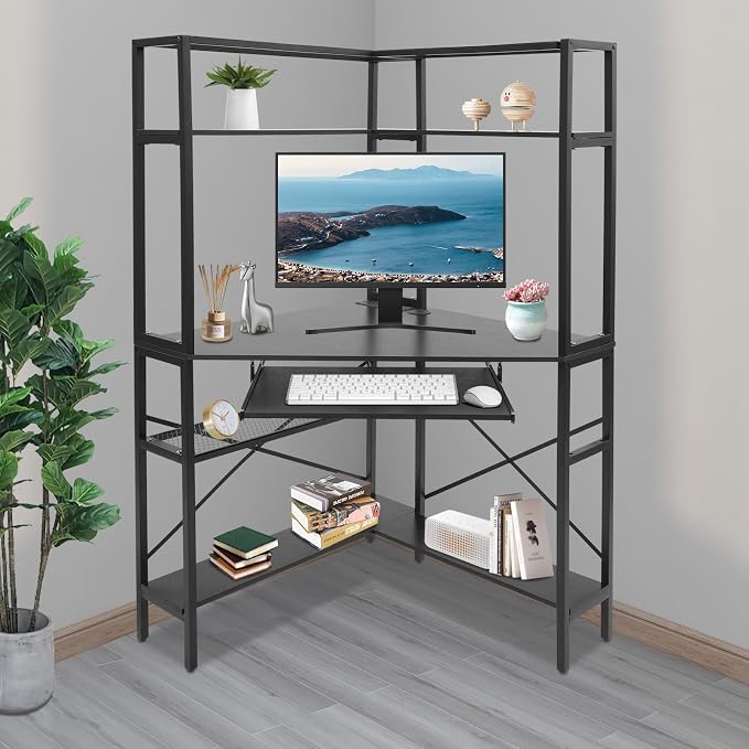 Corner Desk with Hutch, 90 Degrees Triangle Computer Desk w/Keyboard Tray & Bookshelves for Small Space Space Saving Writing Desk w/Storage Shelves for Bedroom Apartment (Black)