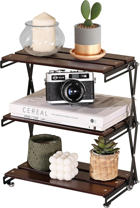 Desk Shelf Organizer 3 Tiers Wood Compact Desk Organizer Storage Rack Metal Frame Office Desk Shelf Organizers,Walnut