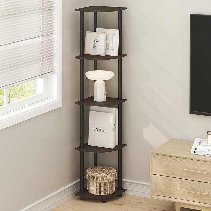 Furinno Turn-N-Tube Corner Shelf, 5-Tier Corner Bookshelf, Open Storage Shelves, for Organization and Storage, Living Room, Home Office, Garage, Bedroom, Brown Grain