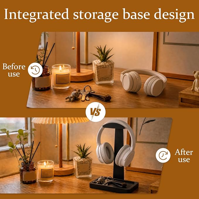 Walnut Headphone Stand, Wooden Headset Stand for Desk, Wood Gaming Headphone Holder with Storage Base Present for Men Brown or Black(Black)
