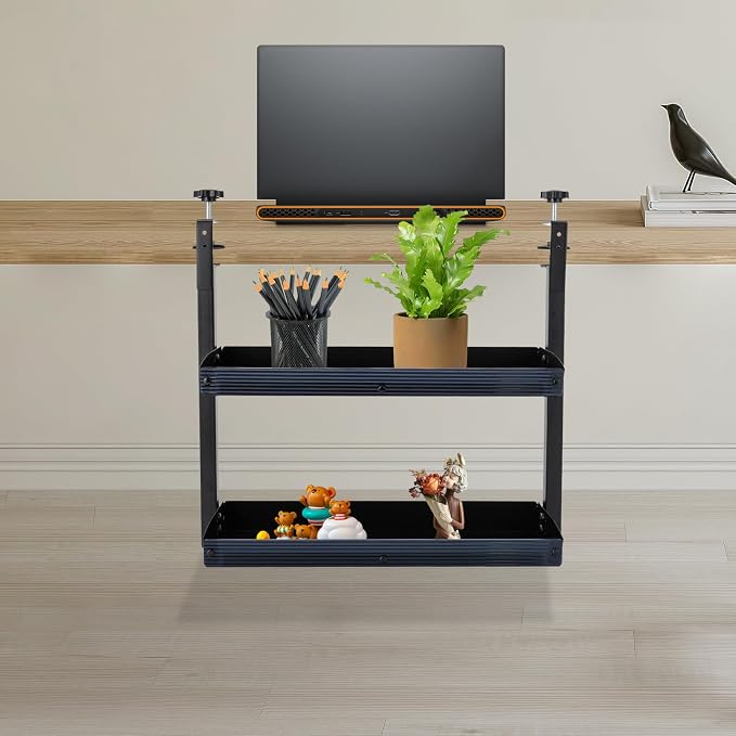 Clamp-on Desk Shelf, 2-Tier Desktop or Under-Desk Shelving Adjustable Desktop Organizer for Office Bedroom (Black)