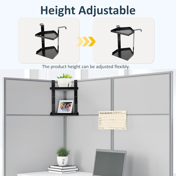 Office Cubicle Shelf Storage Organizer Accessories Height Adjustable Cubicle Corner Shelf with Hooks (Black, Double Layer)