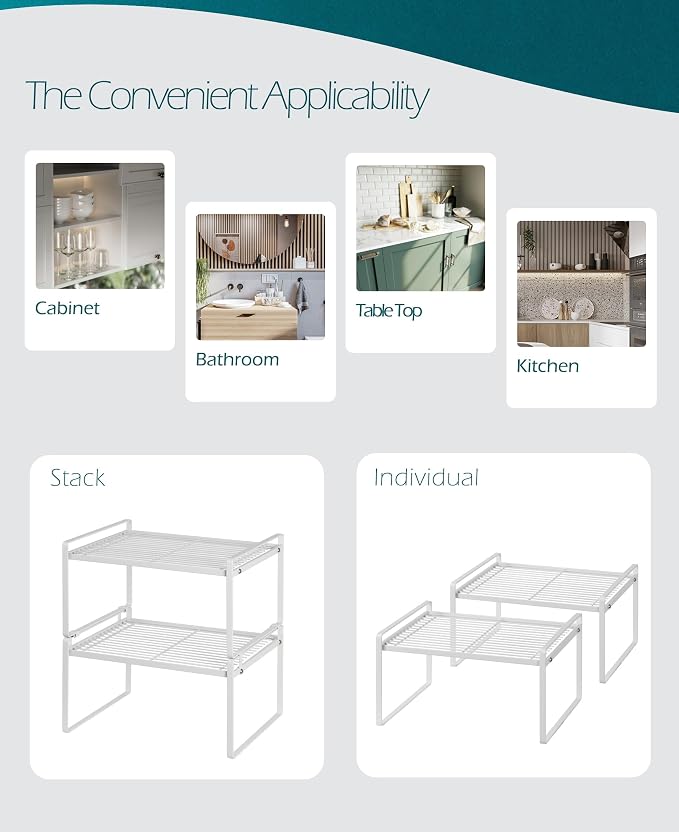 Shantton 2Pack Kitchen Cabinet Shelf Counter Organizer Rack Pantry Storage Bathroom Bedroom Office Table Desk Space Saving Stackable Rust Resistant Non Slip White Wide L13.1in W10.6in H7.3in