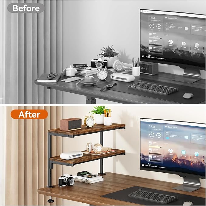 IBUYKE Clamp on Desk Shelf, 22.8” Large Desk Extender Shelves,Tool-Free Flexible Repositioning and Adjustable 2-Tier Storage Shelves for Desktop Accessories Below Desk TMZ010H