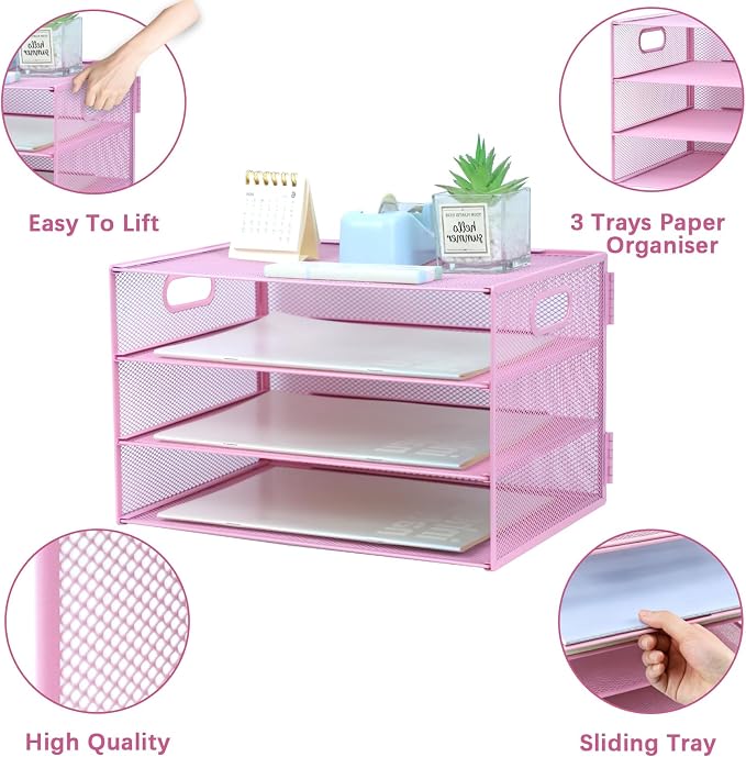 3 Tier Lettrer Tray Organizer, Metal Mesh Desk File Organizer with Sliding Trays, Paper Sorter Desk Organizer for Home Office School, Pink