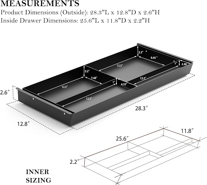 Under Desk Drawer 28.3" Wide, 60° Ergonomic Tilt Organizer with Multi-Compartment – Ball Bearing Slides, Fully Assembled, Under Desk Storage for Home Office Supplies