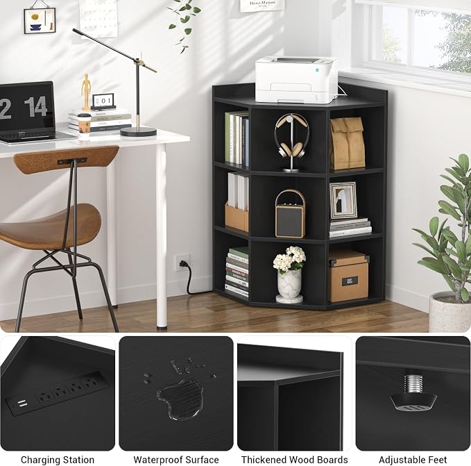Aheaplus Corner Cube Book Shelf, 4-Tier Corner Cabinet with Power Outlets, Corner Cube Storage Shelf with Top Table, Wooden L Shaped Cubby Bookcase for Home Office, Bedroom, Living Room, Black