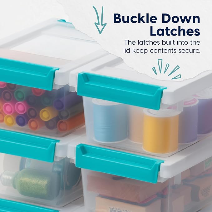 IRIS USA 1 Qt. Craft Storage Bins with Lids, 6-Pack, |Made in USA|, Clip Box, Small Plastic Sensory Bin Tote Organizer Containers for Art Supplies, Paper, & Office, Stackable - Clear/Seafoam Blue