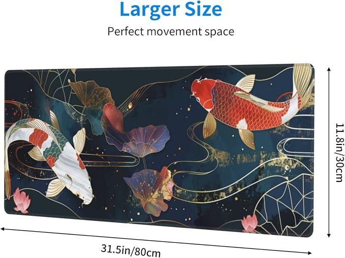 Gaming Mouse Pad Desk Pad,Extended Big Mouse Pad,31.5x11.8 Inch Long Computer Keyboard Mouse Mat Mousepad with 3mm Non-Slip Base and Stitched Edge for Gaming and Office… (koi)