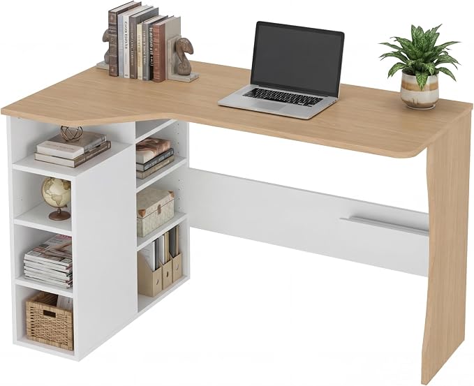 Garvee L Shaped Desk with Storage Shelves, Small Corner Desk for Small Spaces, Corner Table with 3 Tier Shelves, Home Office, Writing Study Gaming Desk Oak Wood
